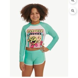 Justice Pac-Man Kids Swim Set. Boy Shorys And Rashguard - Teal and White - S 7/8